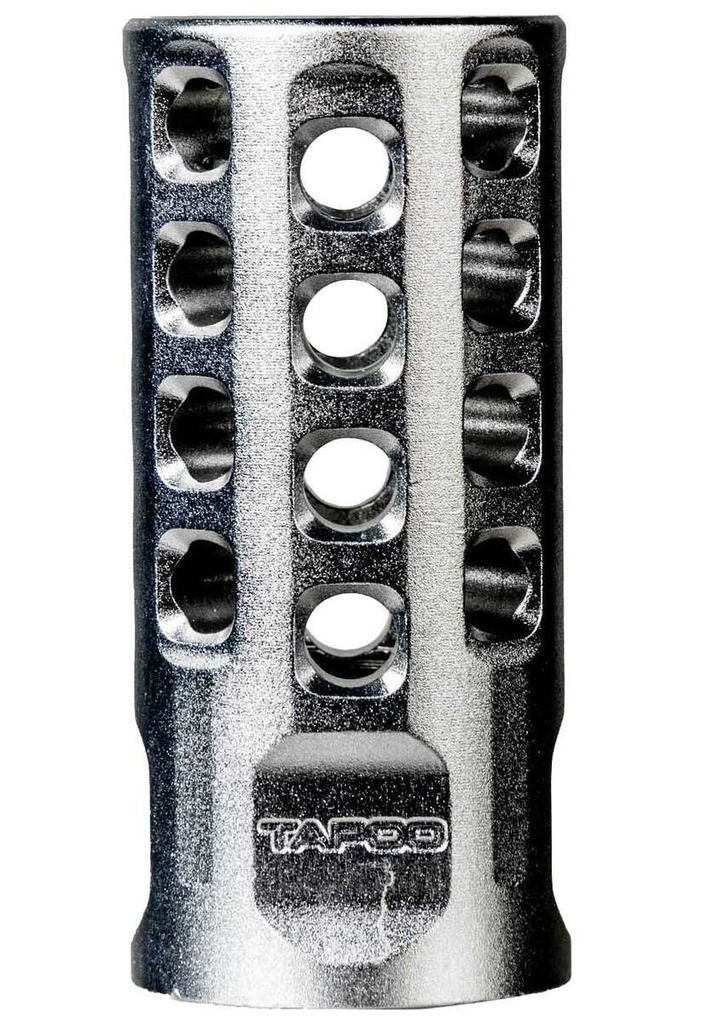 TAPCO TAP22010  MUZZLE BRAKE SILVER ANODIZED ALUMINUM 1/2"X28 THREADS 2" OAL .920" DIAMETER 22LR
