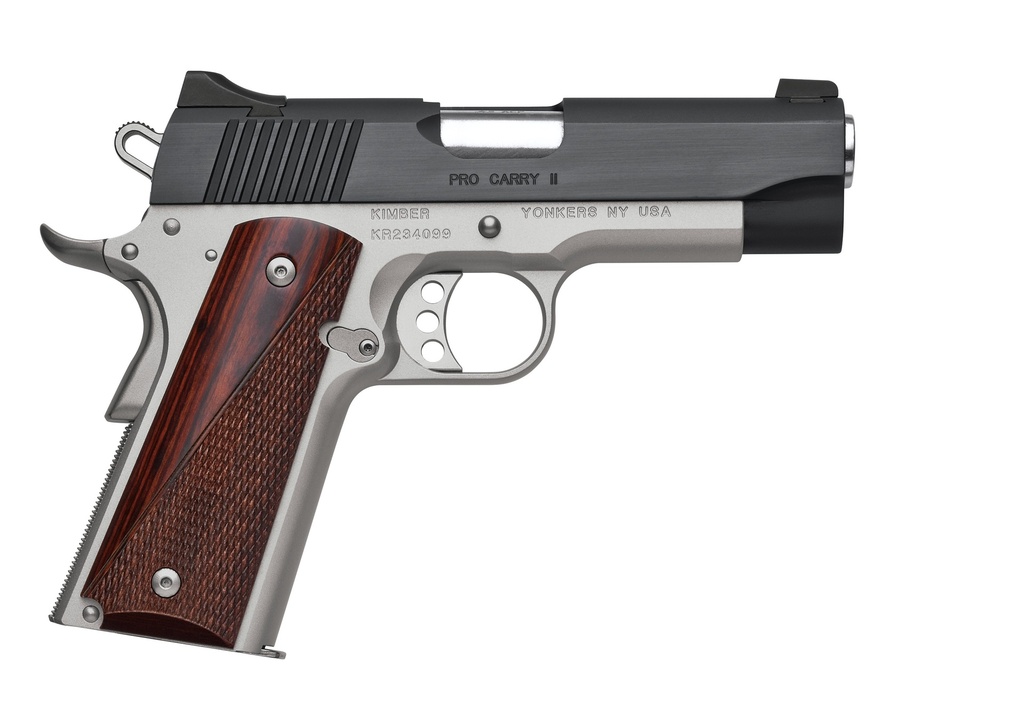 KIMBER MFG, INC 3200320 PRO CARRY II  45 ACP 7+1 4" STAINLESS MATCH GRADE BARREL, MATTE BLACK BRUSHED SERRATED STEEL SLIDE, SATIN SILVER ALUMINUM FRAME W/BEAVERTAIL, ROSEWOOD GRIP