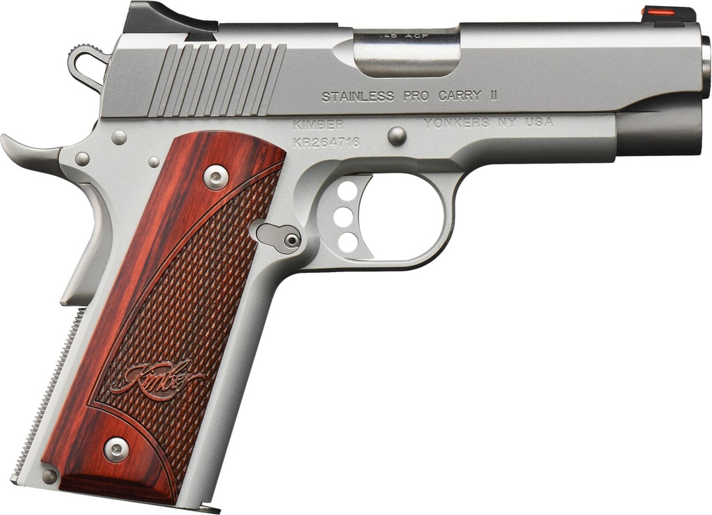 KIMBER MFG, INC 3200324 PRO CARRY II  45 ACP 7+1 4" MATCH GRADE  STAINLESS STEEL BARREL, SATIN SILVER SERRATED STAINLESS STEEL SLIDE, SATIN SILVER ALUMINUM FRAME W/BEAVERTAIL, ROSEWOOD GRIP