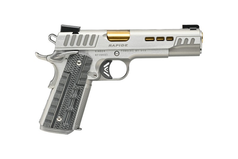 KIMBER MFG.,INC 3000420 RAPIDE DAWN 9MM LUGER 9+1 5" GOLD TIN STAINLESS STEEL BARREL, LIGHTENING CUT/SERRATED STAINLESS STEEL SLIDE, STAINLESS STEEL FRAME W/BEAVERTAIL, BLACK & GRAY G10 GRIP