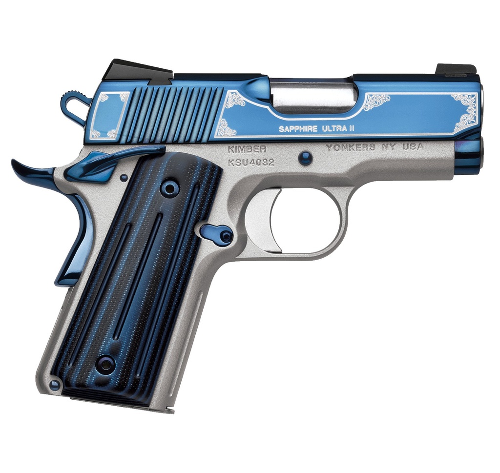 KIMBER MFG, INC 3200362 ULTRA II  45 ACP 7+1 3" STAINLESS MATCH GRADE BARREL, ENGRAVED SAPPHIRE BLUE PVD SERRATED STAINLESS STEEL SLIDE, SATIN SILVER ALUMINUM FRAME W/BEAVERTAIL, G10 GRIP
