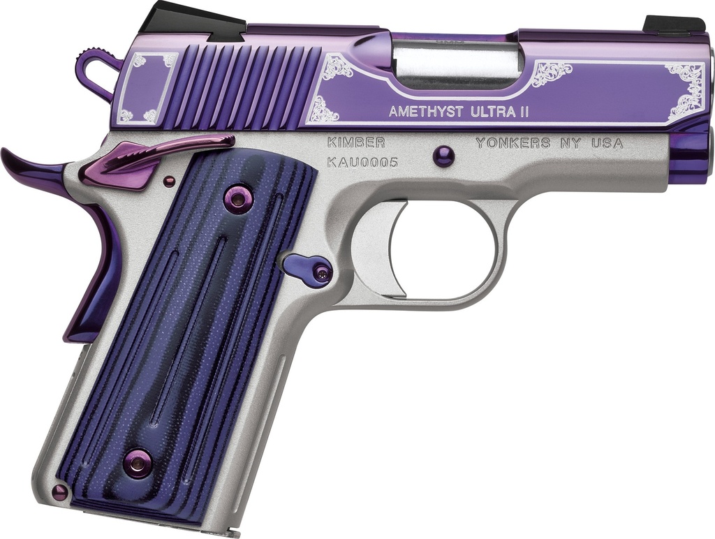 KIMBER MFG, INC 3200319 ULTRA II  9MM LUGER 8+1 3" STAINLESS MATCH GRADE BARREL, ENGRAVED PURPLE AMETHYST PVD SERRATED STAINLESS STEEL SLIDE, SATIN SILVER ALUMINUM FRAME W/BEAVERTAIL, G10 GRIP