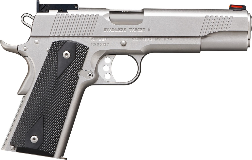 KIMBER MFG.,INC 3200108CA STAINLESS TARGET II (CA) 9MM 9+1 5" SATIN SILVER FRONT SERRATIONS STAINLESS STEEL SLIDE BLACK SYNTHETIC DOUBLE-DIAMOND CHECKERING GRIP