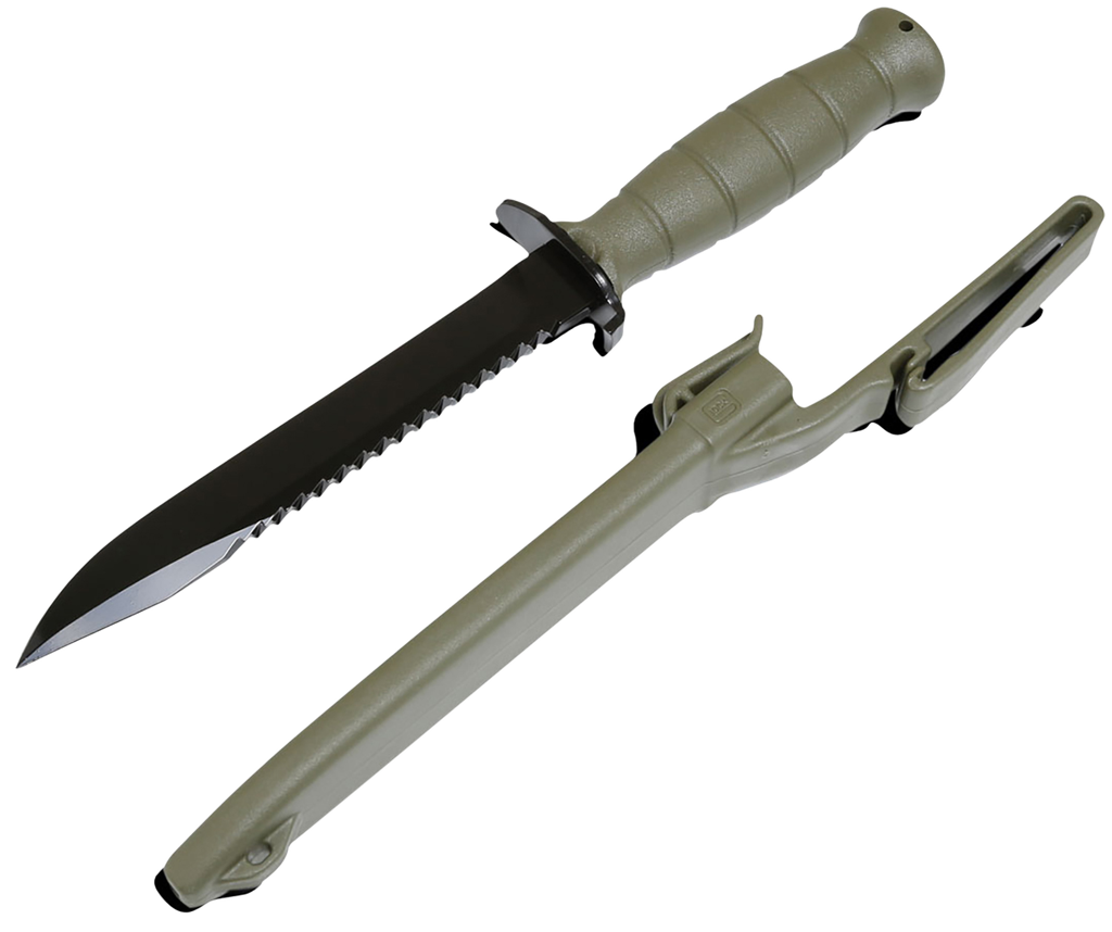 GLOCK KF039181 FIELD  7" FIXED CLIP POINT PLAIN/SAW BLACK HIGH CARBON STEEL BLADE BATTLE FIELD GREEN TEXTURED TRIMOND POLYMER HANDLE FEATURES CLAMSHELL PACKAGING