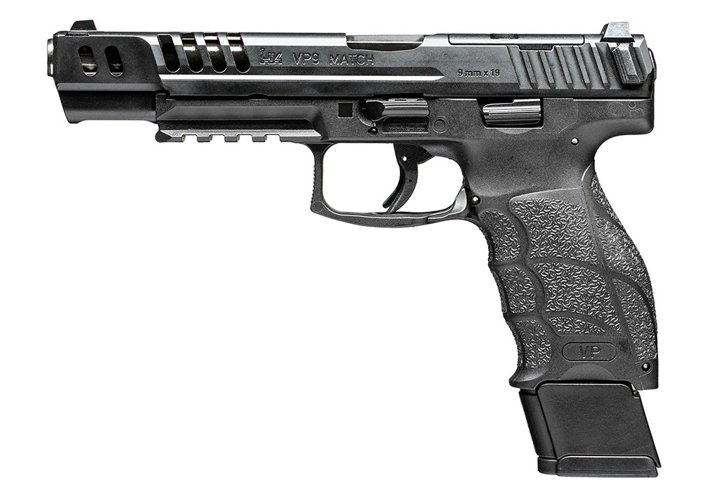 HK 81000935 VP9 MATCH 9MM LUGER 15+1 5.51" POLYGONAL RIFLED BARREL, BLACK OPTIC READY/SERRATED W/PORTS SLIDE & FRAME W/PICATINNY RAIL, BLACK FINGER GROOVED POLYMER GRIPS, AMBIDEXTROUS