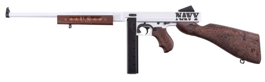 THOMPSON TM1C5 NAVY 250TH ANNIVERSARY 45 ACP 30+1 16.50" ARCTIC WHITE & SAVAGE STAINLESS CERAKOTE ARCTIC STEEL BARREL & RECEIVER, ENGRAVED WALNUT FIXED STOCK, ENGRAVED WOOD GRIP