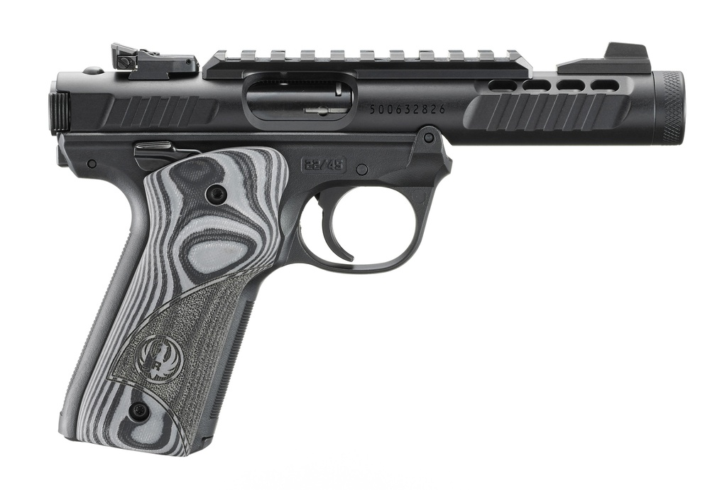 RUGER 43959 MARK IV 22/45 LITE 22 LR 10+1 4.40" BLACK STAINLESS STEEL NON-THREADED BARREL, BLACK ANODIZED RECEIVER W/PICATINNY RAIL, BLACK POLYMER FRAME, BLACK/GRAY G10 GRIP