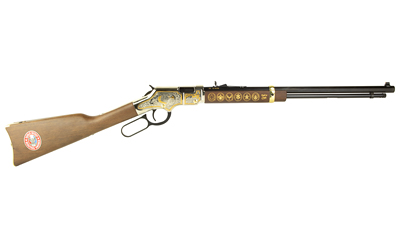 HENRY H004ES2 GOLDEN BOY EAGLE SCOUT TRIBUTE 2ND EDITION 22 S/L/LR 16+1 20" BLUED OCTAGON BARREL, NICKEL PLATED W/SELECTIVE 24KT GOLD PLATING DRILLED & TAPPED RECEIVER, AMERICAN WALNUT STRAIGHT