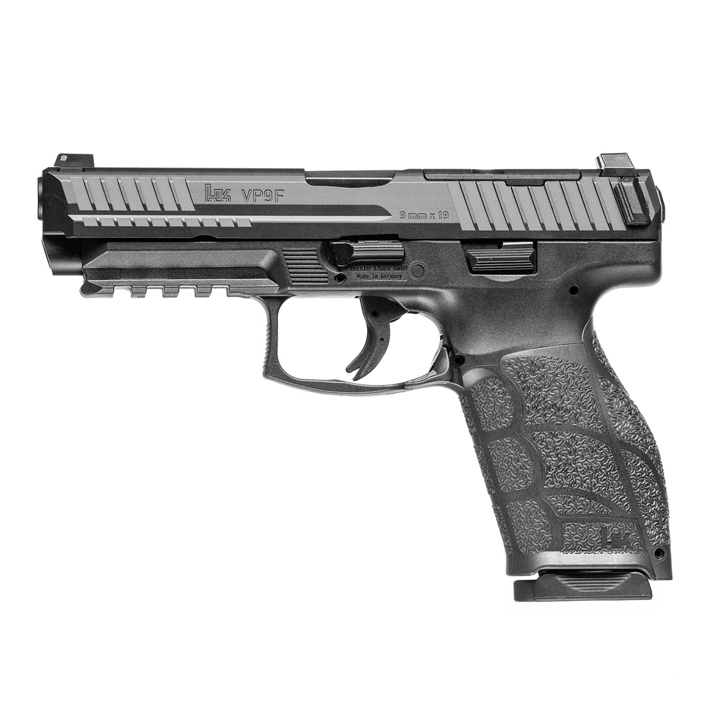 HK 81001067 VP9A1 *CA COMPLIANT FULL SIZE 9MM LUGER 10+1 4.53" OPTIC READY/SERRATED SLIDE, BLACK POLYMER FRAME W/PICATINNY RAIL, INTERCHANGEABLE BACKSTRAP GRIP, AMBIDEXTROUS