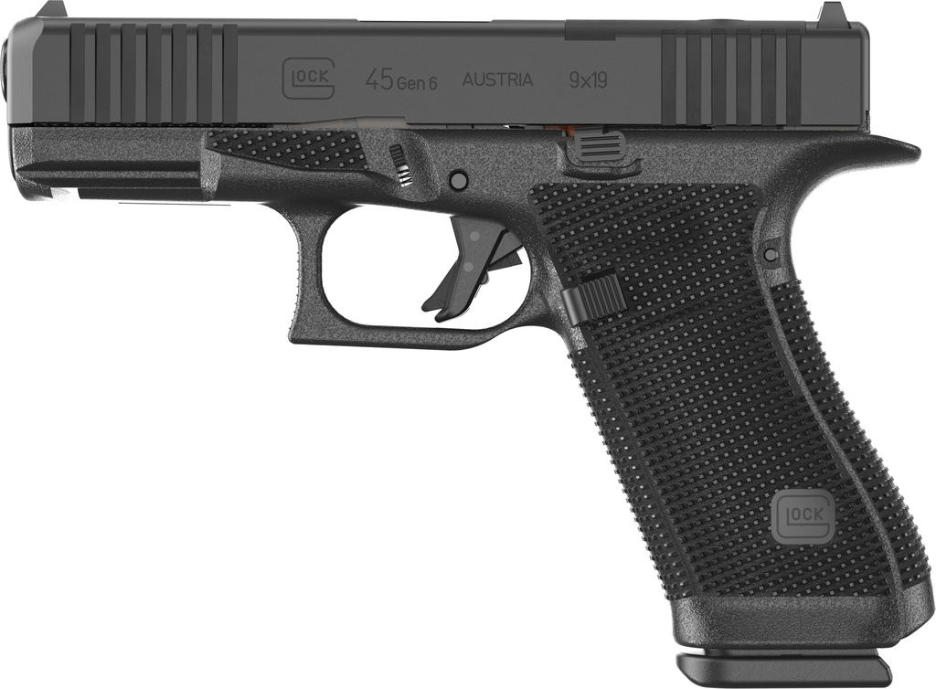 GLOCK P64550201 G45 GEN6 CROSSOVER FRAME 9MM LUGER 10+1 4.02" BLACK GMB BARREL, BLACK NDLC STEEL OPTIC READY/SERRATED SLIDE, BLACK POLYMER FRAME W/ACCESSORY RAIL, INTERCHANGEABLE BACKSTRAP GRIP