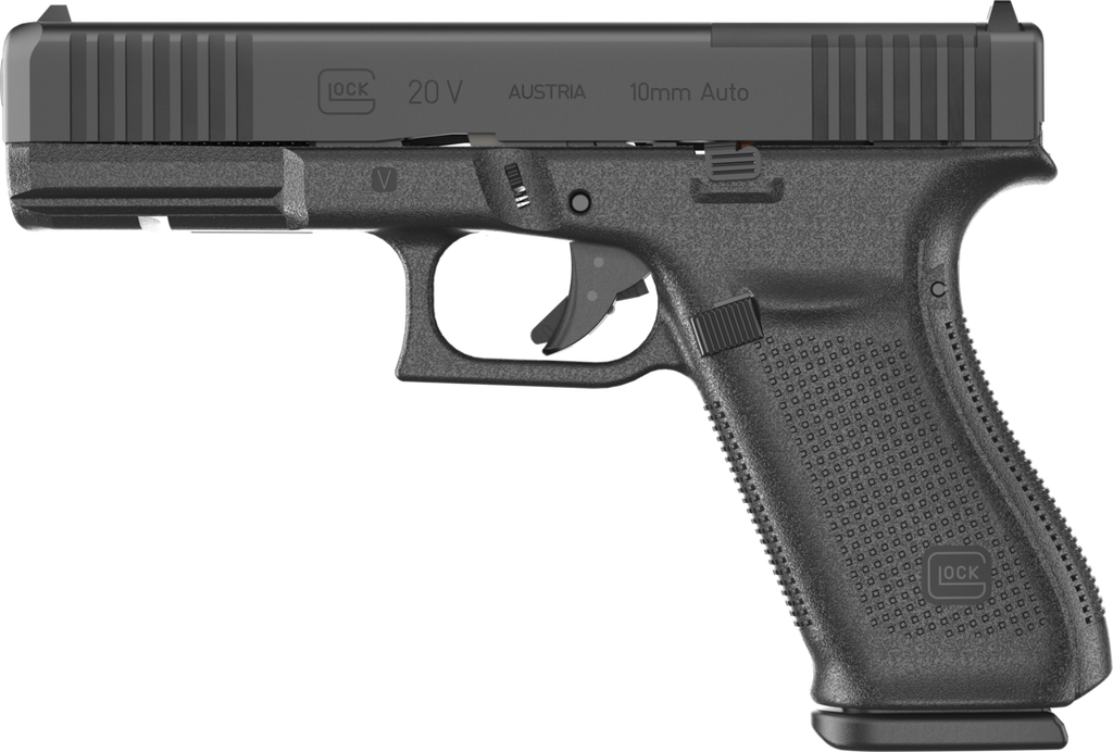 GLOCK UV2050203MOS G20 V MOS STANDARD 10MM AUTO 15+1 4.61" BLACK BARREL, BLACK NDLC STEEL OPTIC READY/SERRATED SLIDE, BLACK POLYMER FRAME W/ACCESSORY RAIL, INTERCHANGEABLE BACKSTRAP, AMBIDEXTROUS