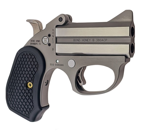 BOND ARMS BAHB HONEY B  22 MAG 2 SHOT 3" BLACK ROUGH & TUMBLE STAINLESS STEEL BARREL & FRAME, BLACK EXTENDED B6 RESIN GRIPS