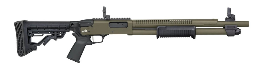 MOSSBERG 50759 590R  12 GAUGE PUMP 3" 6+1 18.50" OD GREEN CERAKOTE HEAT SHIELD BARREL, OD GREEN CERAKOTE STEEL RECEIVER, AR MIL-SPEC ADJUSTABLE BLACK SYNTHETIC STOCK, BLACK POLYMER MAGPUL GRIP
