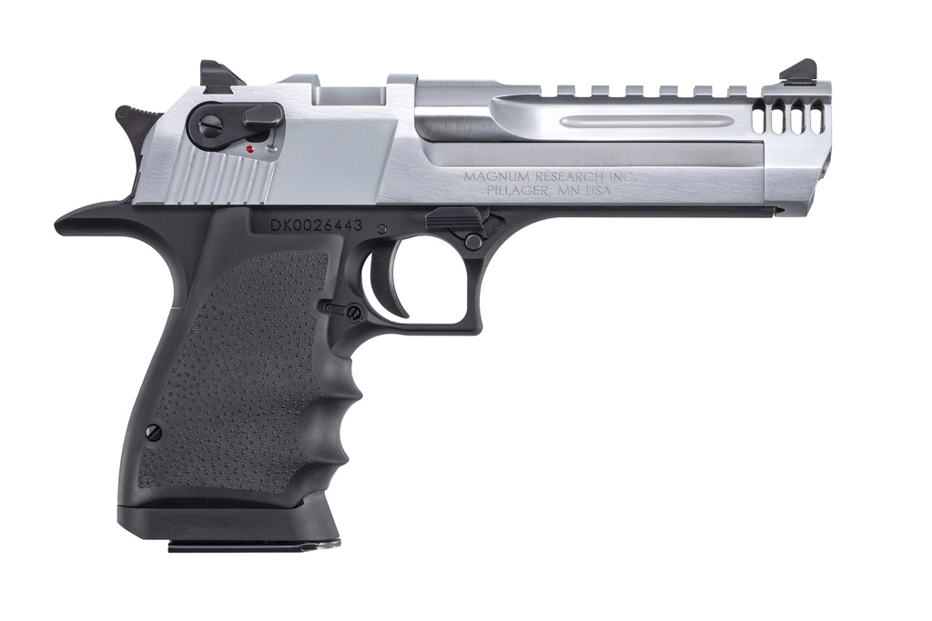 MAGNUM RESEARCH DE357L5BC DESERT EAGLE L5 357 MAG 5" WITH MUZZLE BRAKE 9+1 BLACK HARDCOAT ANODIZED ALUMINUM FRAME BRUSHED CHROME CARBON STEEL SLIDE BLACK HOGUE WRAPAROUND RUBBER GRIP