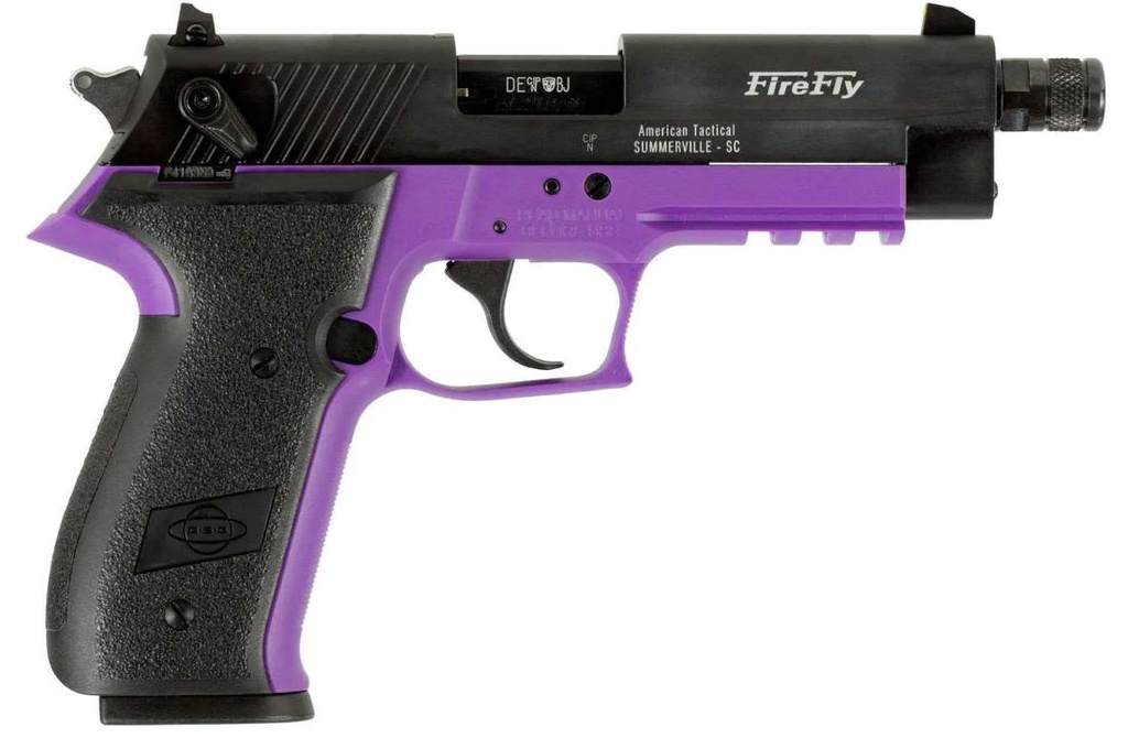 GSG GERG2213TFFLA FIREFLY  22 LR 13+1 4.90" BLACK THREADED BARREL, ALUMINUM SERRATED SLIDE, PURPLE ALUMINUM FRAME W/PICATINNY RAIL, TEXTURED GRIP