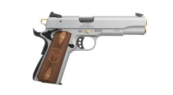 ATI GSG2210M1911AN15 GSG 1911 15 YEAR ANNIVERSARY EDITION FULL SIZE FRAME 22 LR 10+1 5" BLACK THREADED BARREL, FROST GRAY SERRATED SLIDE, FROST GRAY W/GOLD ACCENTS ZINC ALLOY FRAME, LIGHT WOOD GRIP