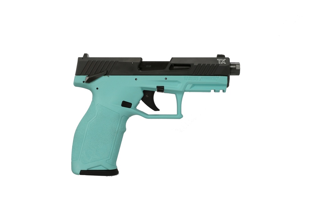 TAURUS 1-2TX22141C-10 2TX  FULL SIZE FRAME 22 LR 10+1 4.60" MATTE BLACK THREADED BARREL, BLACK ANODIZED SERRATED SLIDE, MATTE CYAN POLYMER FRAME W/PICATINNY RAIL, TEXTURED GRIP