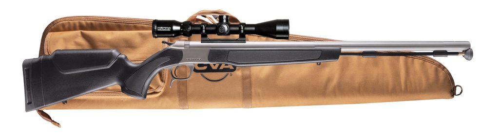CVA PR2050SSCP OPTIMA SCOPE PACKAGE 50 CAL 26" STAINLESS FLUTED BARREL, DRILLED & TAPPED STAINLESS STEEL RECEIVER, FIXED BLACK SYNTHETIC STOCK, KONUS 3-9X40MM BDC, RIFLE CASE, AEROLITE BULLETS