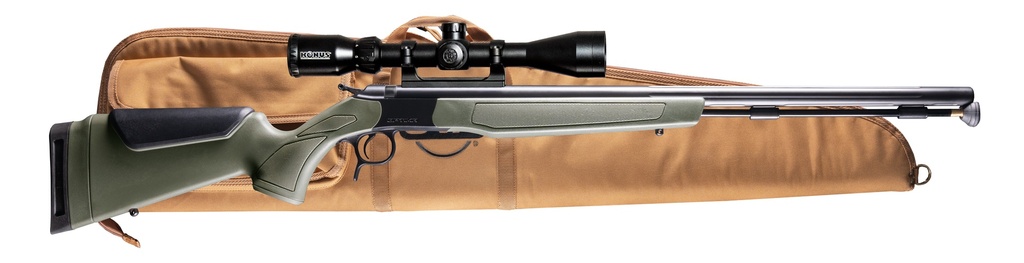 CVA PR2048NSCP OPTIMA SCOPE PACKAGE 50 CAL 26" BLACK NITRIDE FLUTED BARREL, DRILLED & TAPPED STEEL RECEIVER, FIXED OD GREEN SYNTHETIC STOCK, KONUS 3-9X40MM BDC STOCK, RIFLE CASE, AEROLITE BULLETS