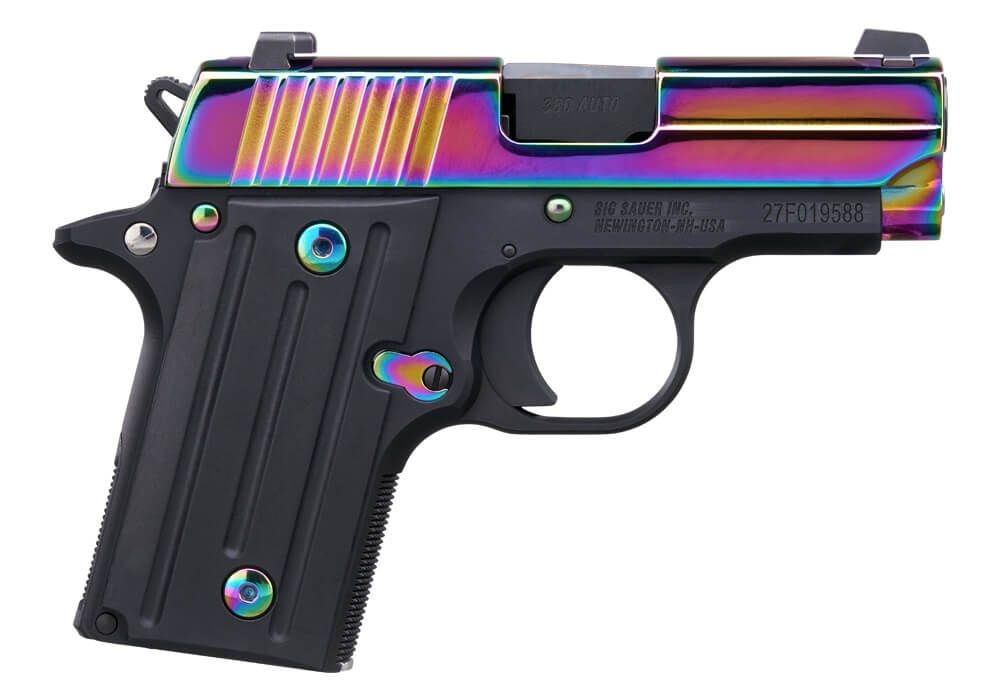 SIG SAUER 238380RBT2 P238  MICRO-COMPACT FRAME 380 ACP 6+1 2.70" BLACK STEEL BARREL, HIGH POLISHED RAINBOW TITANIUM PVD SERRATED STAINLESS STEEL SLIDE, BLACK ANODIZED ALLOY STEEL FRAME, POLYMER GRIP