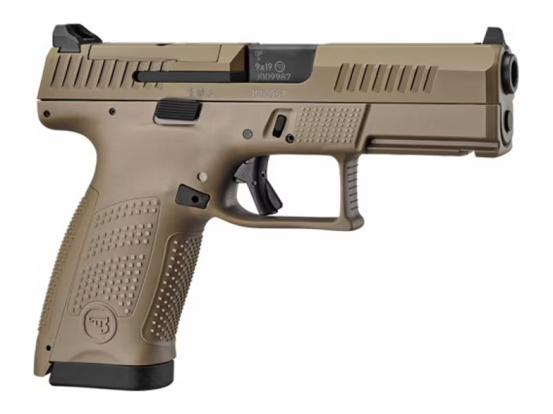 CZ-USA 91577 P-10 C  COMPACT FRAME 9MM LUGER 15+1 4.02" BLACK STAINLESS STEEL BARREL, BLACK NITRIDE SERRATED STEEL SLIDE, FLAT DARK EARTH POLYMER FRAME W/PICATINNY RAIL, INTERCHANGEABLE BACKSTRAP GRIP