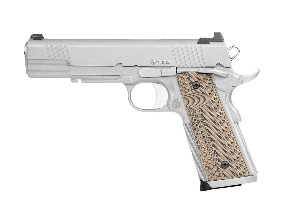 DAN WESSON 01807 SPECIALIST  9MM LUGER 10+1 5" STAINLESS STEEL BARREL, BEAD BLASTED SERRATED STAINLESS STEEL SLIDE & FRAME W/BEAVERTAIL & PICATINNY RAIL, BLACK/BROWN G10 GRIP, AMBIDEXTROUS