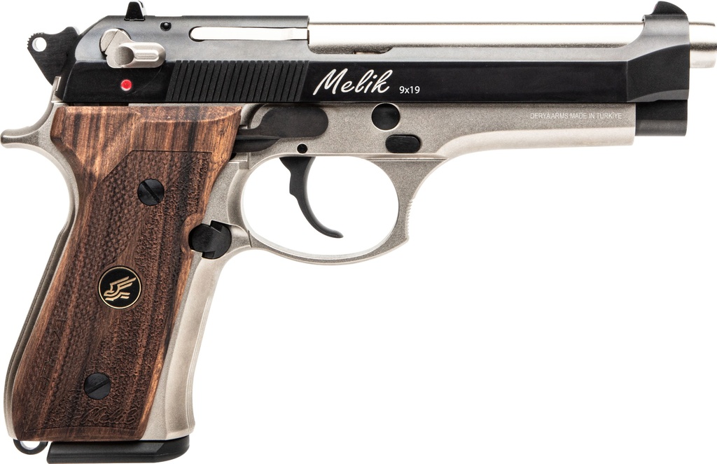 DERYA FIREARMS 15LTTMELIK9TR MELIK  9MM LUGER 15+1 4.90" BLACK MELONITE STEEL BARREL, BLACK MELONITE SERRATED STEEL SLIDE, SILVER ANODIZED ALUMINUM FRAME, DARK WALNUT GRIP