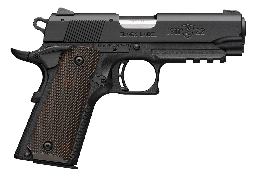 BROWNING 051066490 1911 BLACK LABEL COMPACT FRAME 22 LR 10+1 3.63" STAINLESS STEEL BARREL, MATTE BLACK SERRATED SLIDE, MATTE BLACK ALUMINUM FRAME W/PICATINNY RAIL, BROWN COMPOSITE GRIP