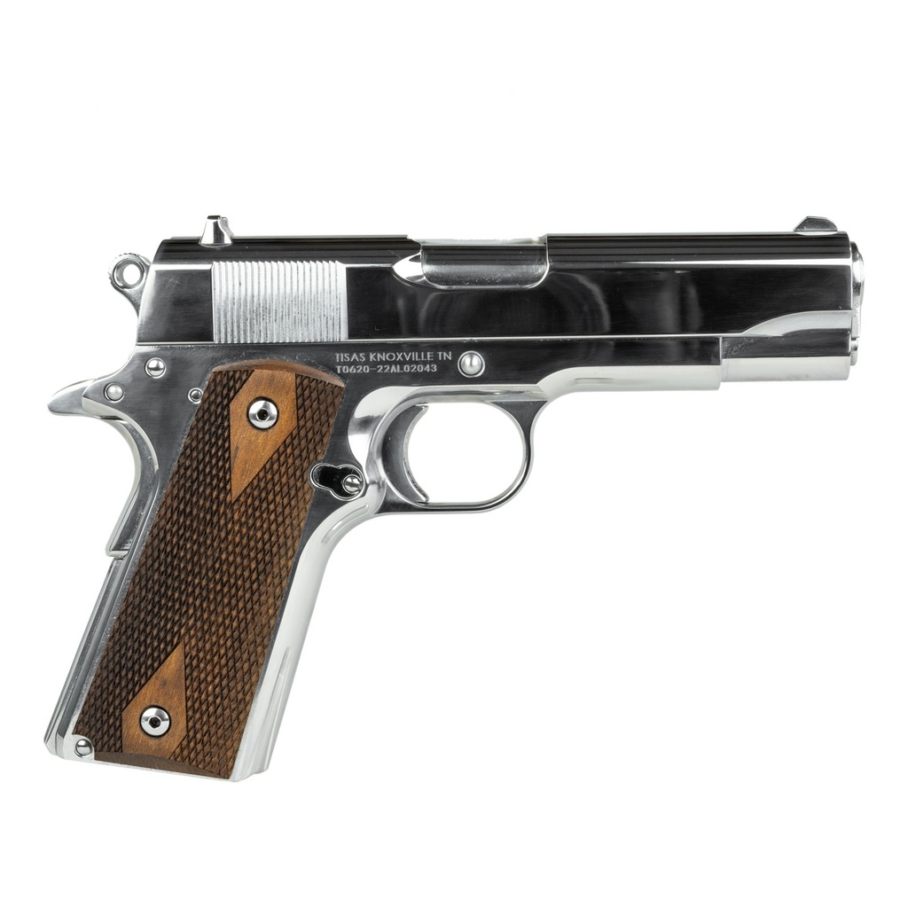 SDS IMPORTS 10100112 1911A1 DESPERADO 38 SUPER/9MM LUGER 9+1 4.25" HARD CHROME PLATED BARREL, HIGH POLISHED CHOMIUM COATED SERRATED STEEL SLIDE & FRAME W/BEAVERTAIL, CHECKERED WOOD GRIPS