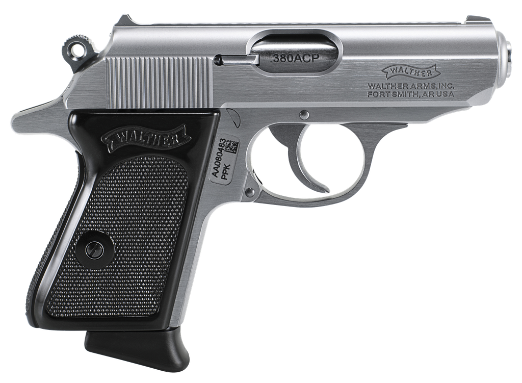 WALTHER ARMS 4796001 PPK  380 ACP 6+1 3.30" STAINLESS STEEL BARREL, MATTE STAINLESS SERRATED ZINC ALLOY SLIDE, STAINLESS ALUMINUM FRAME W/BEAVERTAIL, BLACK POLYMER GRIP, MANUAL THUMB SAFETY