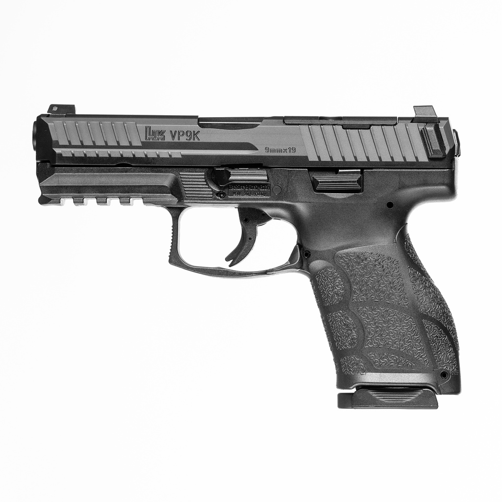 HK 81001058 VP9A1 K COMPACT FRAME LUGER 10+1 4.09" BLACK STEEL BARREL, BLACK OPTIC READY/SERRATED STEEL SLIDE, BLACK POLYMER FRAME W/PICATINNY RAIL, INTERCHANGEABLE BACKSTRAP GRIP, AMBIDEXTROUS