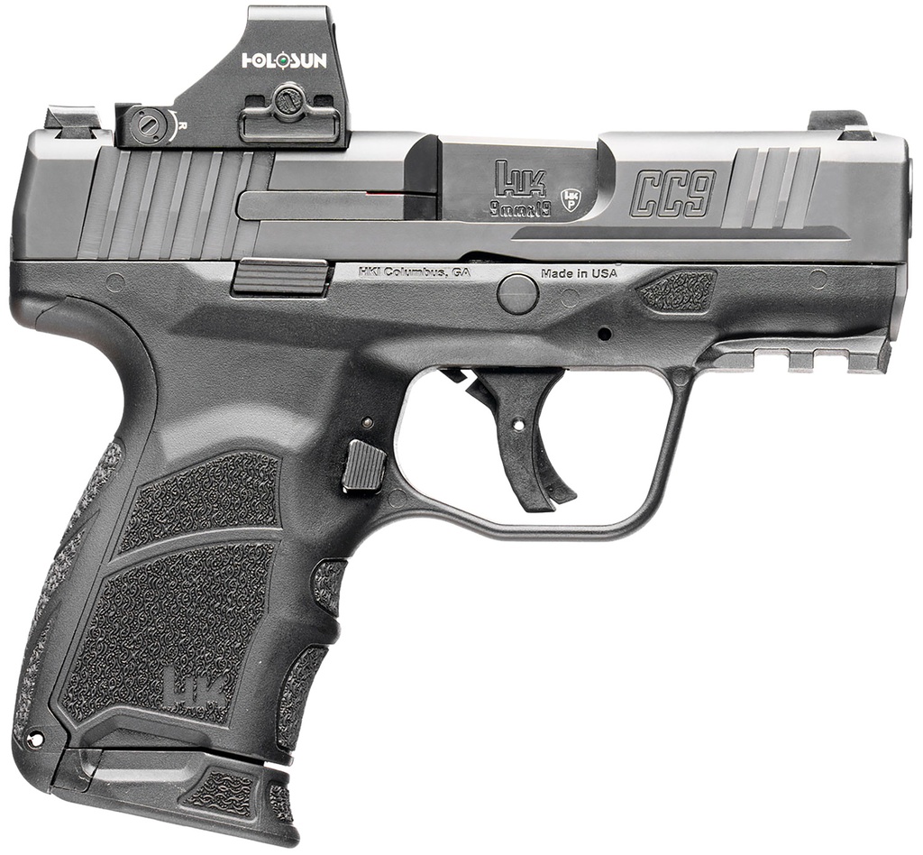 HK 81001131 CC9  9MM LUGER 10+1/12+1 3.32" BLACK POLYGONAL RIFLED BARREL, OPTIC READY RMSC/407K FOOTPRINT/SERRATED STEEL SLIDE, POLYMER FRAME W/PICATINNY RAIL, BLACK INTERCHANGEABLE BACKSTRAP GRIP