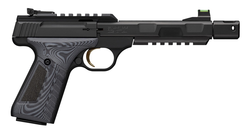 BROWNING 051598490 BUCK MARK CONTOUR PRO 22 LR 10+1 4.40" BLACK THREADED W/COMPENSATOR BARREL, MATTE BLACK PICATINNY RAIL RECEIVER, MATTE BLACK ALUMINUM FRAME W/PICATINNY RAIL, BLACK/GRAY G10 GRIP