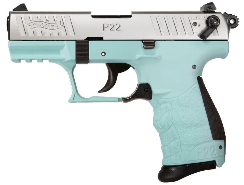 WALTHER ARMS 5120760 P22 Q 22 LR 10+1 3.42" STEEL/THREADED BARREL, STAINLESS STEEL SERRATED/STEEL SLIDE, ANGEL BLUE POLYMER FRAME W/PICATINNY RAIL, BLACK INTERCHANGEABLE BACKSTRAP GRIPS