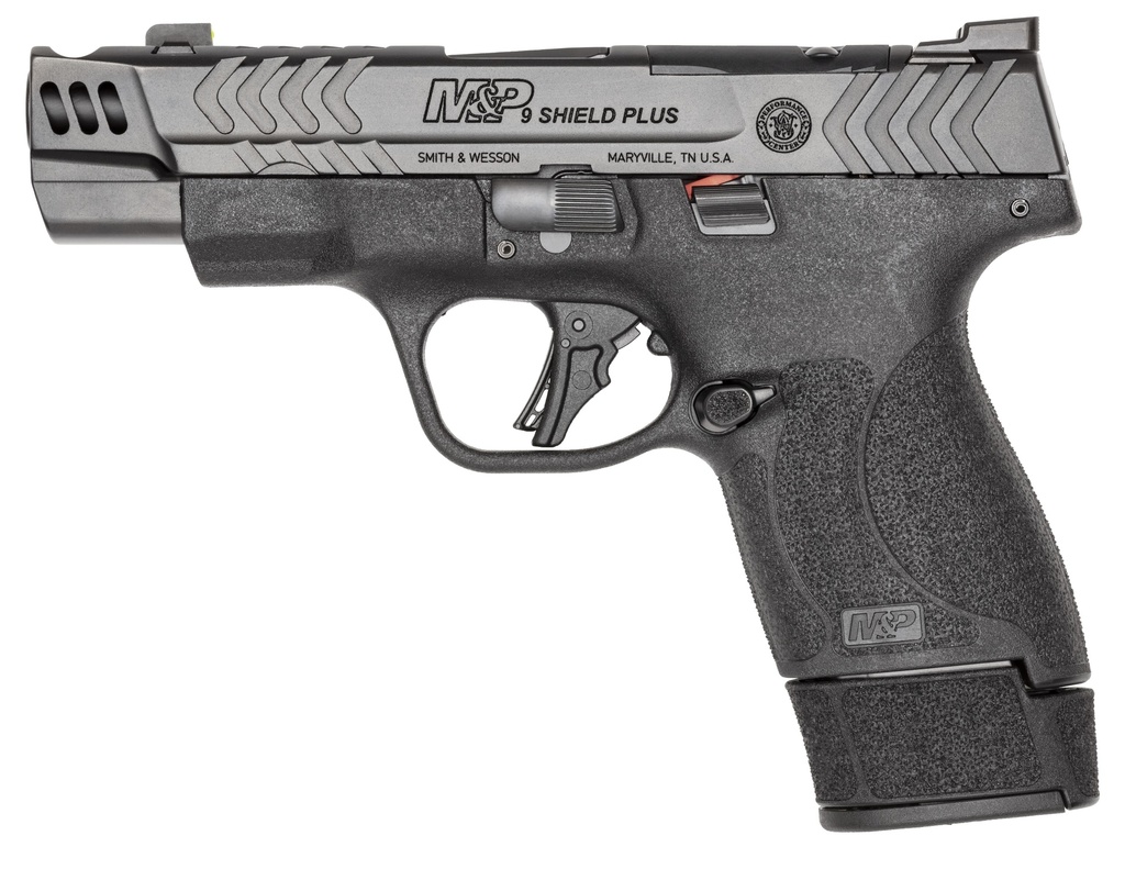 SMITH & WESSON 13990 M&P 9 SHIELD PLUS 9MM LUGER 10+1 15+1 13+1 4" STAINLESS ARMORNITE GRAY PORTED/SERRATED STAINLESS STEEL SLIDE BLACK TEXTURED GRIP