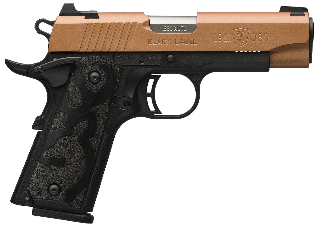 BROWNING 051988492 1911 BLACK LABEL COMPACT FRAME 380 ACP 8+1 3.63" MATTE STAINLESS STEEL BARREL, COPPER CERAKOTE SERRATED STAINLESS STEEL SLIDE, MATTE BLACK POLYMER FRAME, BLACK POLYMER GRIP
