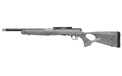SAVAGE ARMS 47253 A SERIES TIMBERLITE 22LR 10+1 18" BLACK THREADED CARBON FIBER/SS BARREL, BLACK PICATINNY RAIL STEEL RECEIVER, GRAY W/BLACK WEBBING SYNTHETIC FIXED THUMBHOLE STOCK