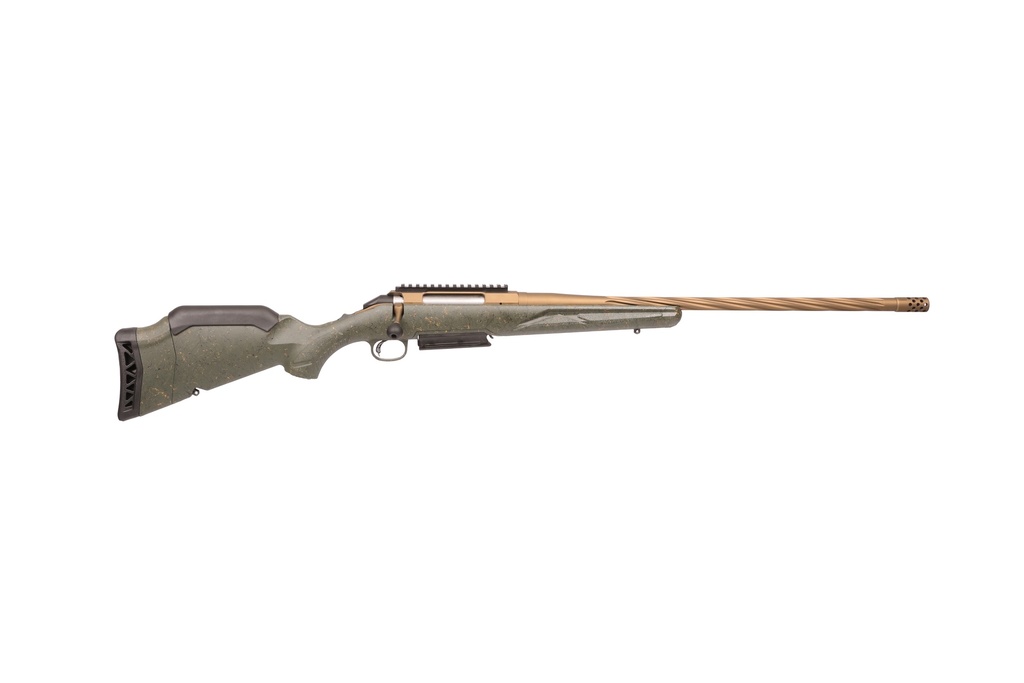 RUGER 46945 AMERICAN II PREDATOR 300 WIN MAG 3+1 22" BURNT BRONZE CERAKOTE SPIRAL FLUTED THREADED BARREL & ALLOY STEEL RECEIVER W/PICATINNY RAIL, GREEN SPLATTER ADJ LOP SYNTHETIC STOCK