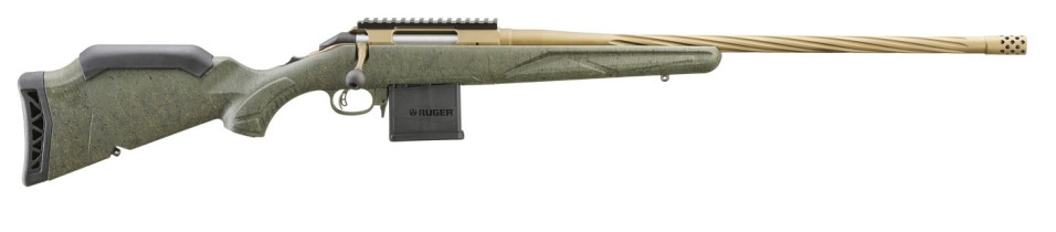 RUGER 46939 AMERICAN II PREDATOR FULL SIZE 223 REM 10+1 22" BURNT BRONZE CERAKOTE SPIRAL FLUTED THREADED BARREL & ALLOY STEEL RECEIVER W/PICATINNY RAIL, GREEN SPLATTER ADJ LOP SYNTHETIC STOCK