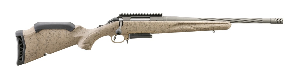 RUGER 46928 AMERICAN II RANCH FULL SIZE 6.5 CREEDMOOR 3+1 16.10" COBALT CERAKOTE SPIRAL THREADED BARREL, PICATINNY RAIL STEEL RECEIVER, FLAT DARK EARTH SPLATTER ADJ COMB SYNTHETIC STOCK