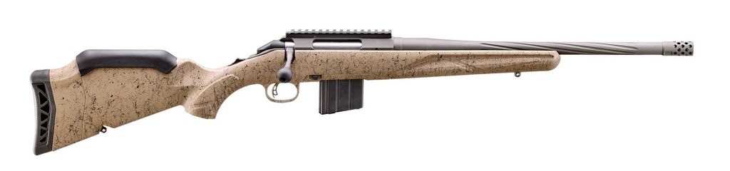 RUGER 46925 AMERICAN II RANCH FULL SIZE 22 ARC 10+1 16.10" COBALT CERAKOTE SPIRAL FLUTED THREADED BARREL & ALLOY STEEL RECEIVER W/PICATINNY RAIL, FLAT DARK EARTH SPLATTER ADJ LOP SYNTHETIC STOCK