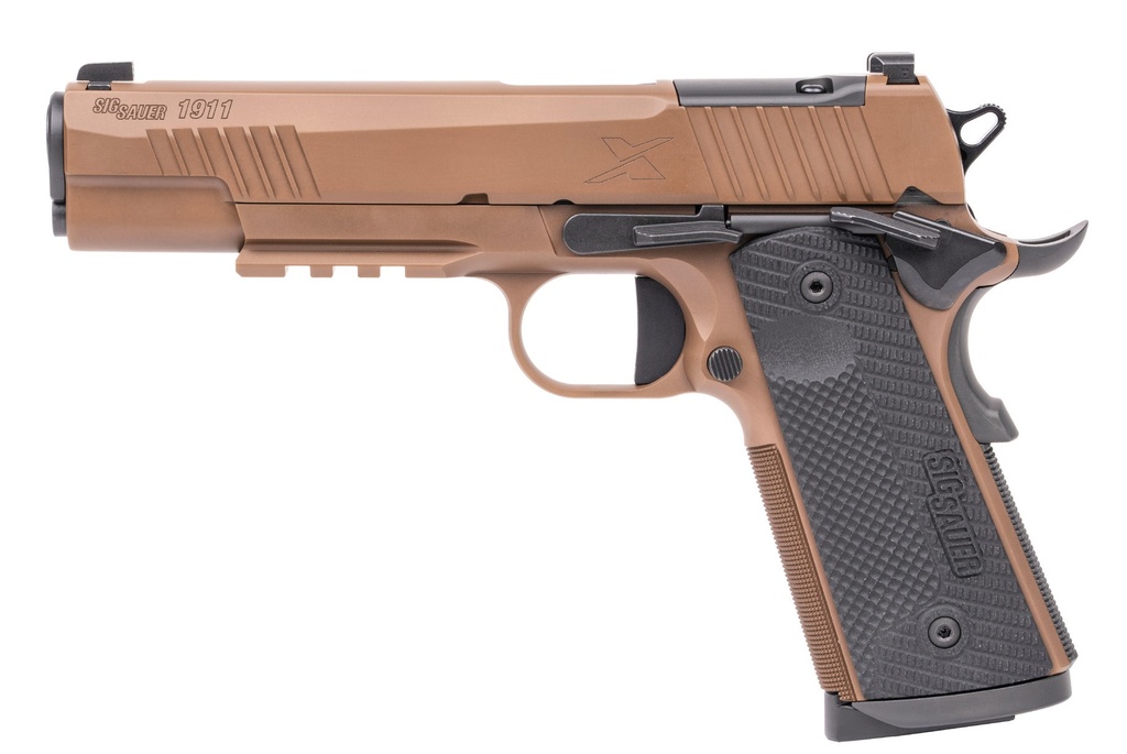 SIG SAUER 1911XR45CXR3 1911-X  FULL SIZE FRAME 45 ACP 8+1 5" BLACK DLC CARBON STEEL BARREL, COYOTE PVD OPTIC CUT/SERRATED STAINLESS STEEL SLIDE & FRAME W/BEAVERTAIL & PICATINNY RAIL, BLACK G10 GRIP