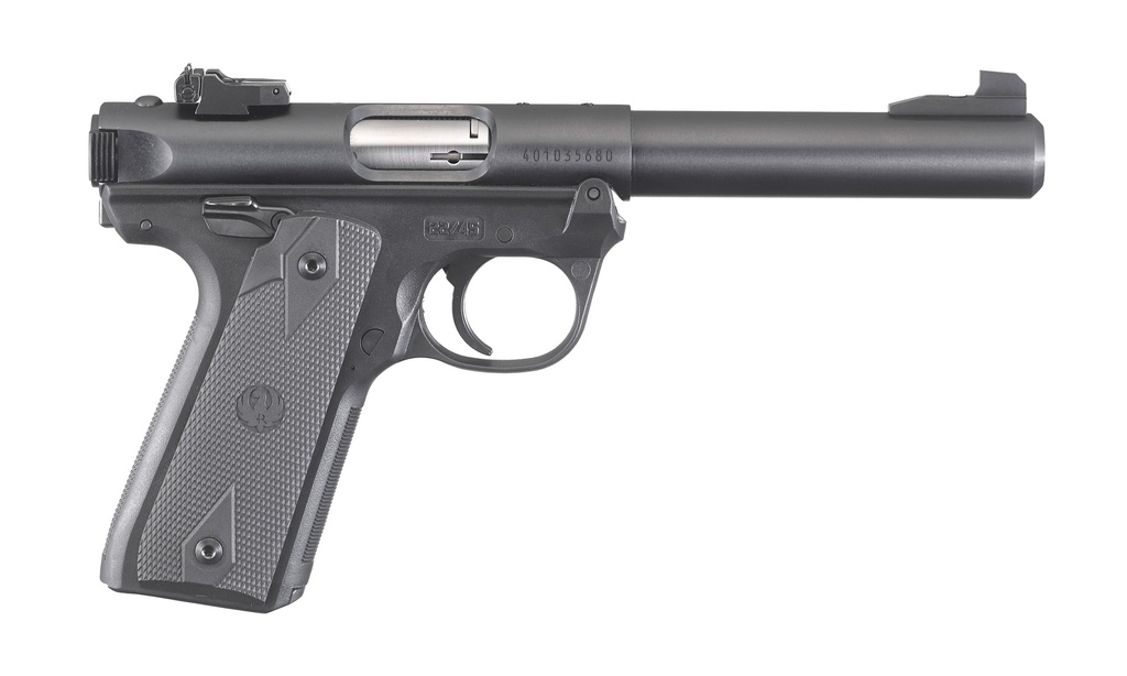 RUGER  MARK IV 22/45 22 LR 10+1, 5.50" STAINLESS BULL BARREL, BLUED DRILLED & TAPPED STEEL RECEIVER & POLYMER FRAME,  BLACK CHECKERED POLYMER GRIP AMBIDEXTROUS