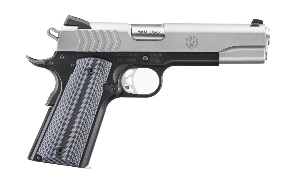 RUGER  SR1911  FULL SIZE 9MM LUGER 9+1 5" STAINLESS STEEL BARREL, SATIN STAINLESS STEEL SERRATED SLIDE, BLACK ANODIZED ALUMINUM FRAME W/BEAVERTAIL, BLACK/GRAY G10 GRIP