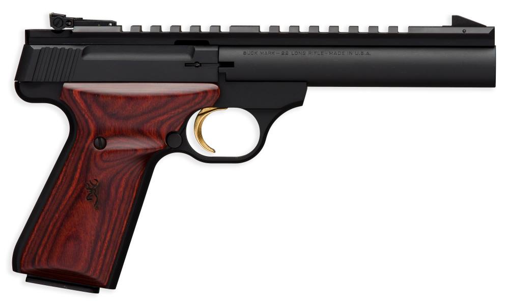 BROWNING 051528490 BUCK MARK FIELD TARGET 22 LR 10+1 5.50" MATTE BLUED HEAVY BULL BARREL, MATTE BLACK SERRATED W/PICATINNY RAIL SLIDE & ALUMINUM FRAME W/LAMINATE COCOBOLO TARGET GRIP