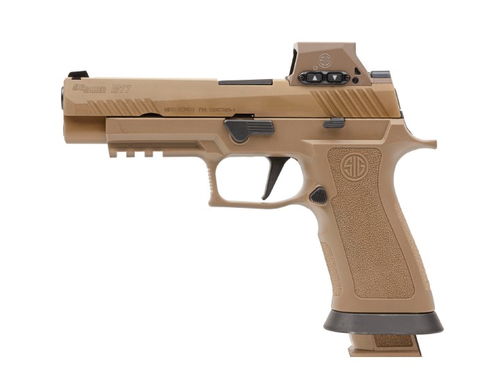 SIG SAUER M17X9RX M17X W/OPTIC FULL SIZE FRAME 9MM LUGER 21+1 4.70" BLACK BARREL, COYOTE PVD OPTIC READY/SERRATED STAINLESS STEEL SLIDE & POLYMER FRAME W/BEAVERTAIL & PICATINNY RAIL, SIG ROMEOM17