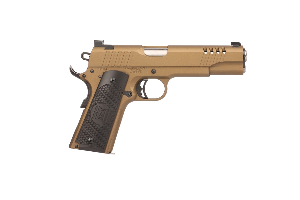 AUTO-ORDNANCE 1911TCAC10 1911  45 ACP 7+1 5" STAINLESS STEEL BARREL, SERRATED STAINLESS STEEL SLIDE, BURNT BRONZE CERAKOTE STEEL FRAME W/BEAVERTAIL, ARMOR BLACK CERAKOTE ENGRAVED ALUMINUM GRIP