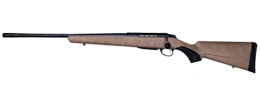 TIKKA JRTXRT470 T3X LITE 7MM REM MAG 3+1 24.30" FLUTED/THREADED, BLACK BARREL/REC, BLACK WEBBED TAN ROUGHTECH SYNTHETIC STOCK, INTERCHANGEABLE GRIP, MUZZLE BRAKE LEFT HAND