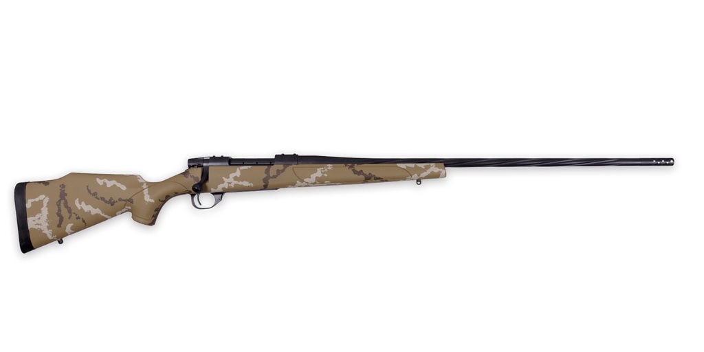 WEATHERBY VHH65PPR6B VANGUARD OUTFITTER FULL SIZE 6.5 PRC 3+1 24" BLACK CERAKOTE #2 CONTOUR THREADED BARREL & DRILLED & TAPPED STEEL RECEIVER, TAN W/BROWN & WHITE SPONGE SYNTHETIC STOCK