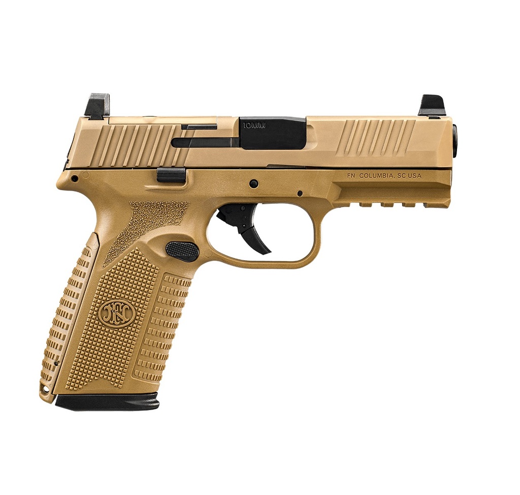 FN 66101382 510 MRD FULL SIZE 10MM AUTO 10+1, 4.10" BLACK TARGET CROWN STEEL BARREL, FLAT DARK EARTH PVD OPTIC CUT/SERRATED STEEL SLIDE & POLYMER FRAME W/PICATINNY RAIL, AMBIDEXTROUS